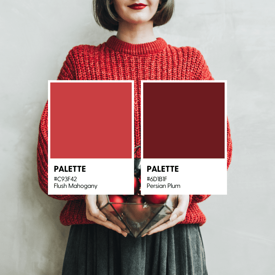 A woman behind two large Pantone swatches