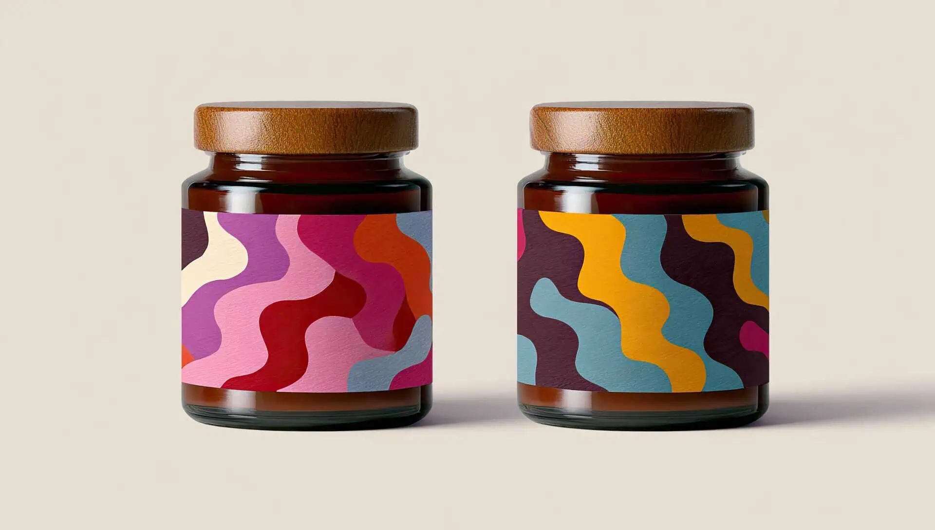 Jars with abstract labels, studio shot, minimalist background, packaging mockup