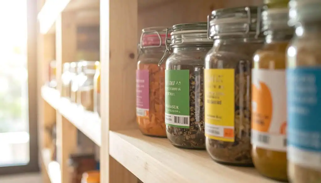 Organized pantry shelf with assorted food in glass jars. Represents conscious consumerism, sustainable lifestyle, home organization. Warm natural light.