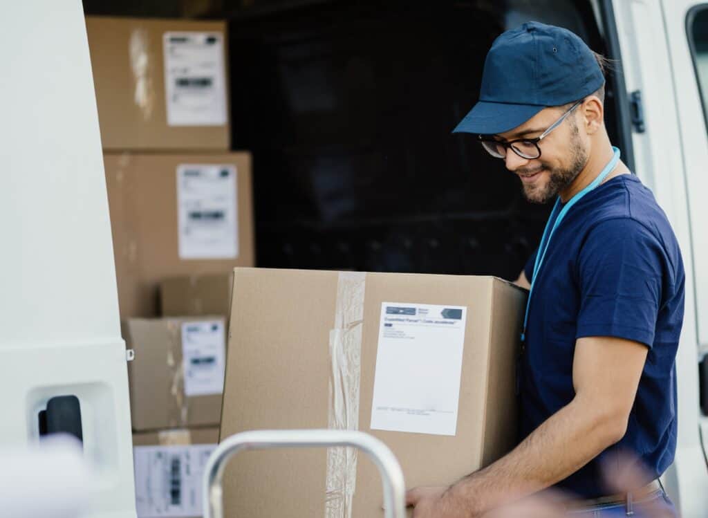 A delivery person with boxes from Ultra Label's label printing service