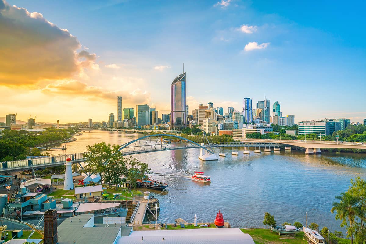 Brisbane City Skyline And Brisbane River At Twilight in Australia