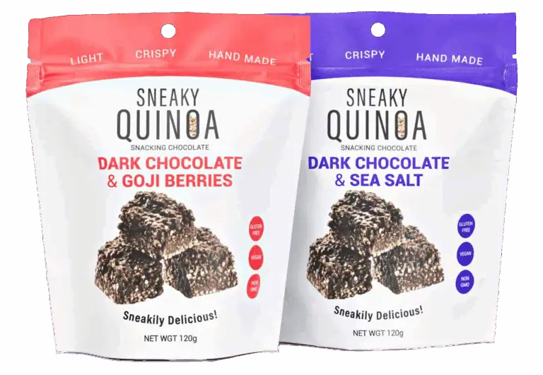 two Sneaky Quinoa snacking chocolate packaging - red and purple