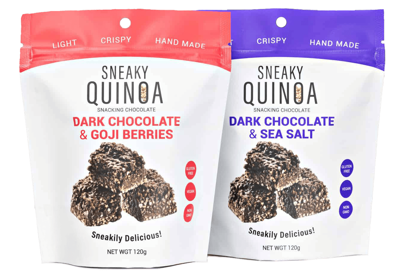 two Sneaky Quinoa snacking chocolate packaging - red and purple