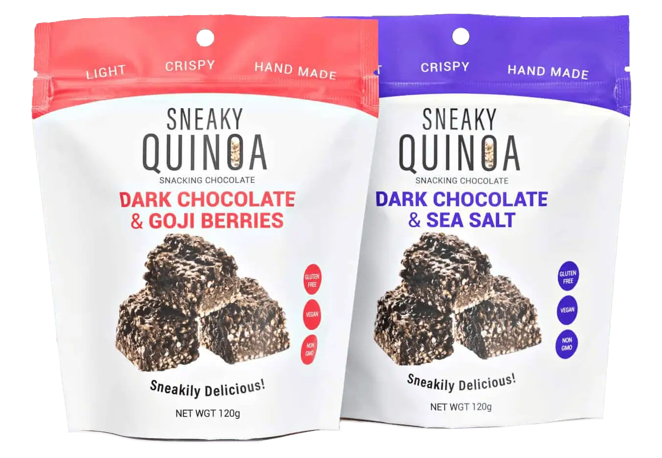 two Sneaky Quinoa snacking chocolate packaging - red and purple
